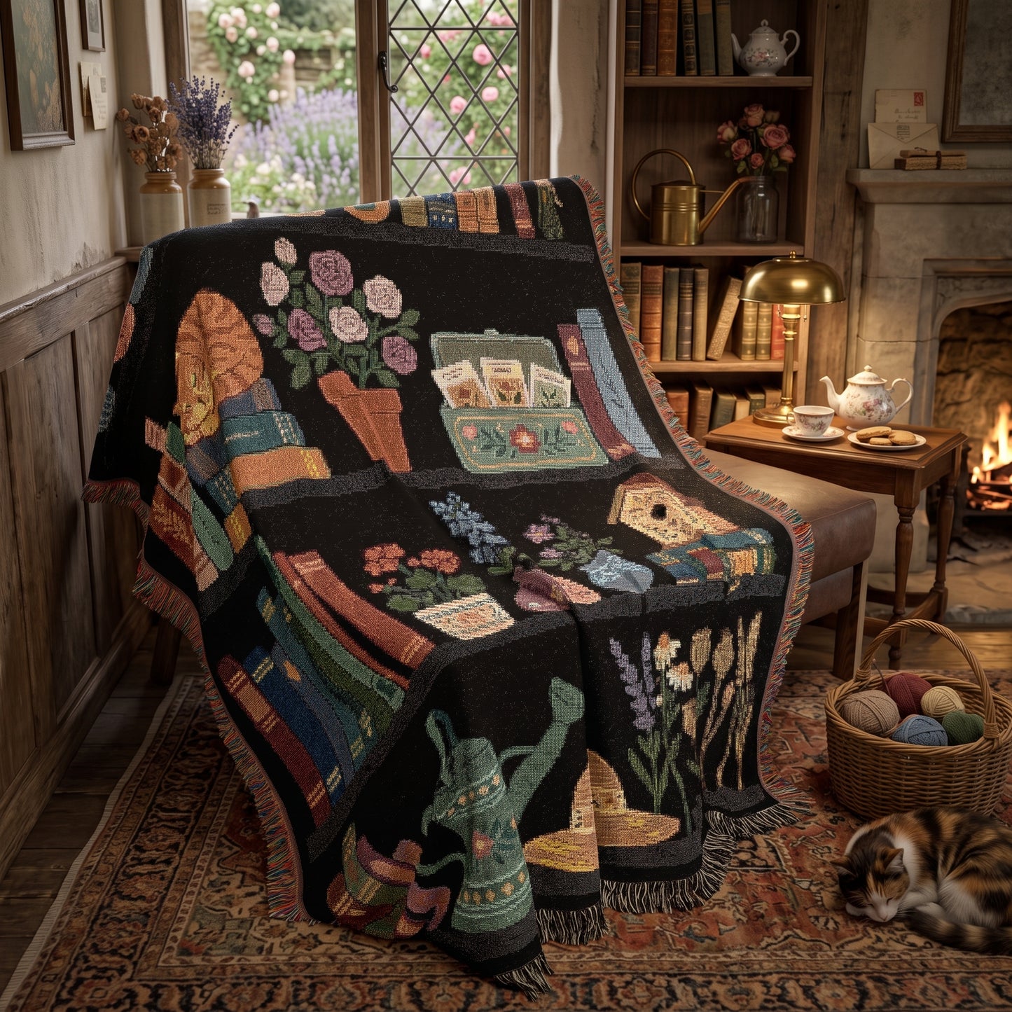 Cozy Bookshelf Cottage Heirloom Jacquard Woven Blanket