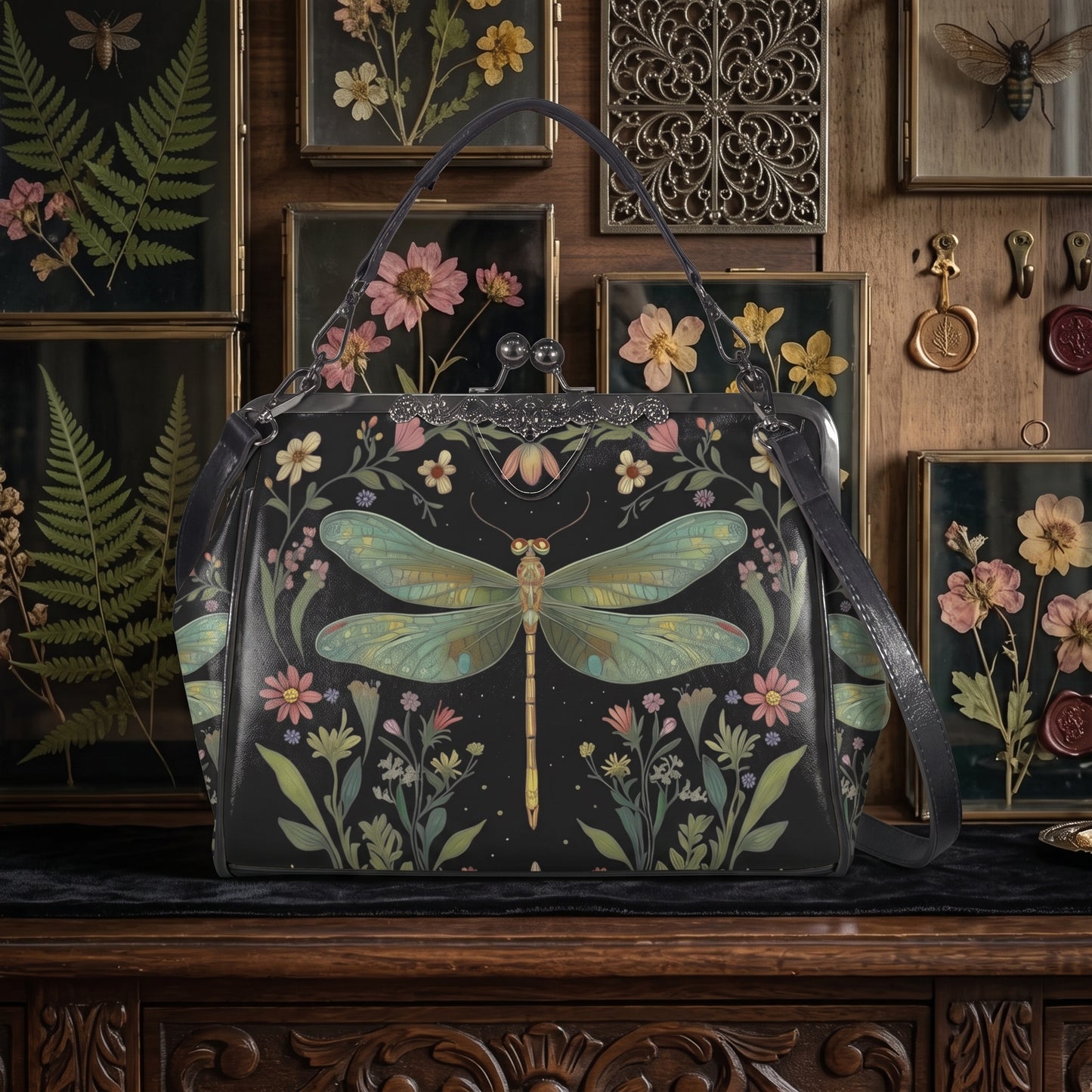 Dragonfly & Flowers Kisslock Handbag