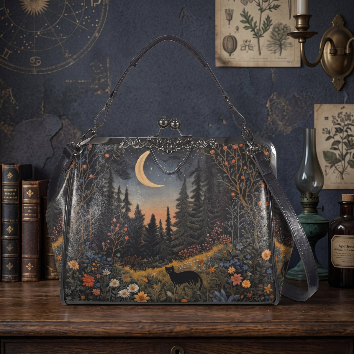Magical Forest Black Cat Kisslock Purse