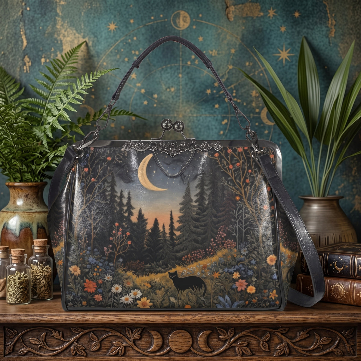 Magical Forest Black Cat Kisslock Purse