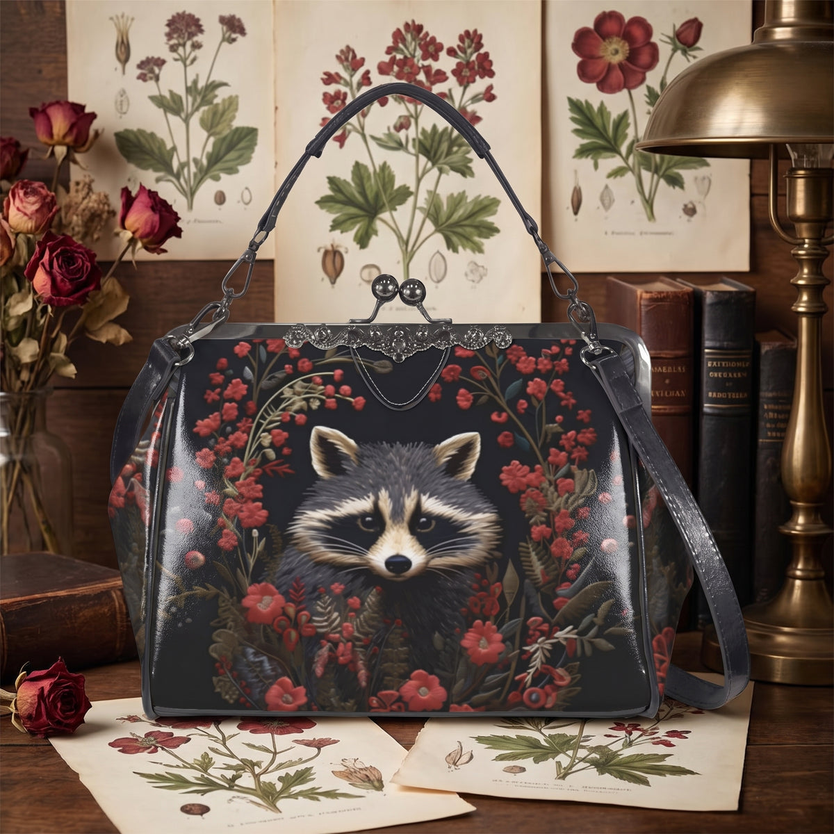 Raccoon and Flowers Kisslock Bag