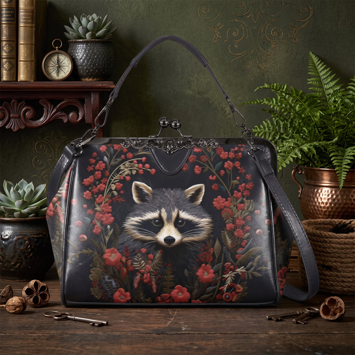 Raccoon and Flowers Kisslock Bag