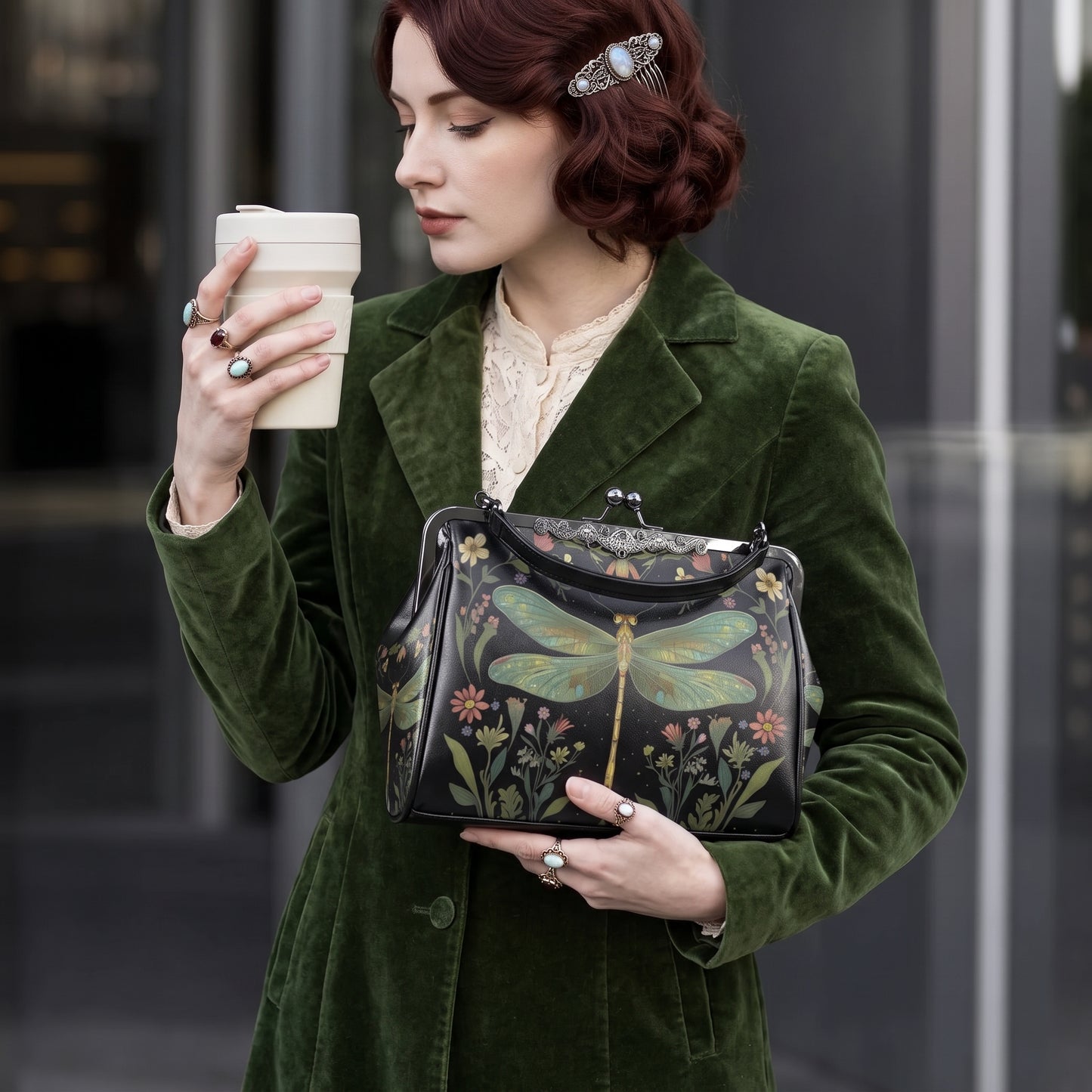 Dragonfly & Flowers Kisslock Handbag