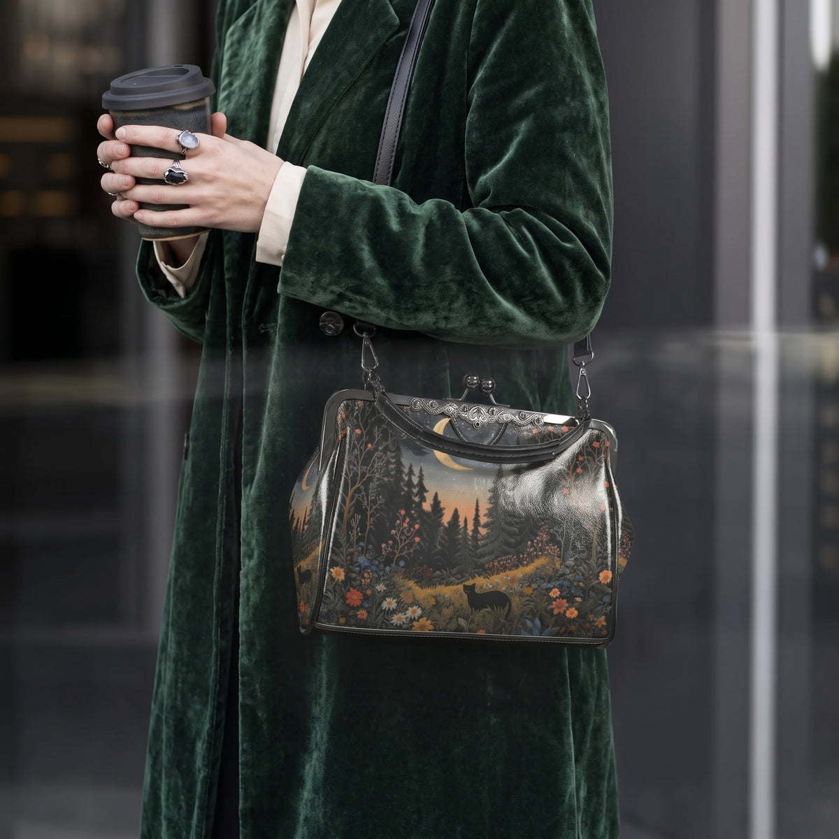 Magical Forest Black Cat Kisslock Purse