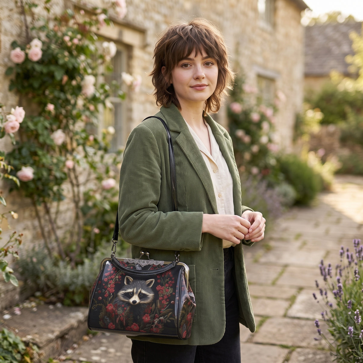 Raccoon and Flowers Kisslock Bag
