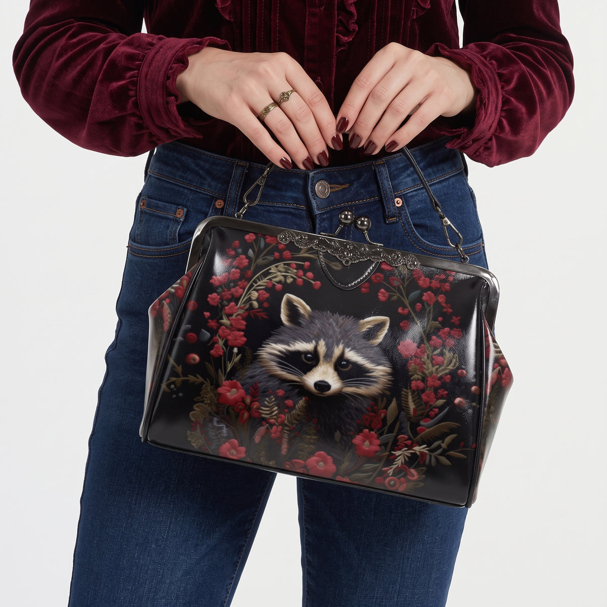 Raccoon and Flowers Kisslock Bag