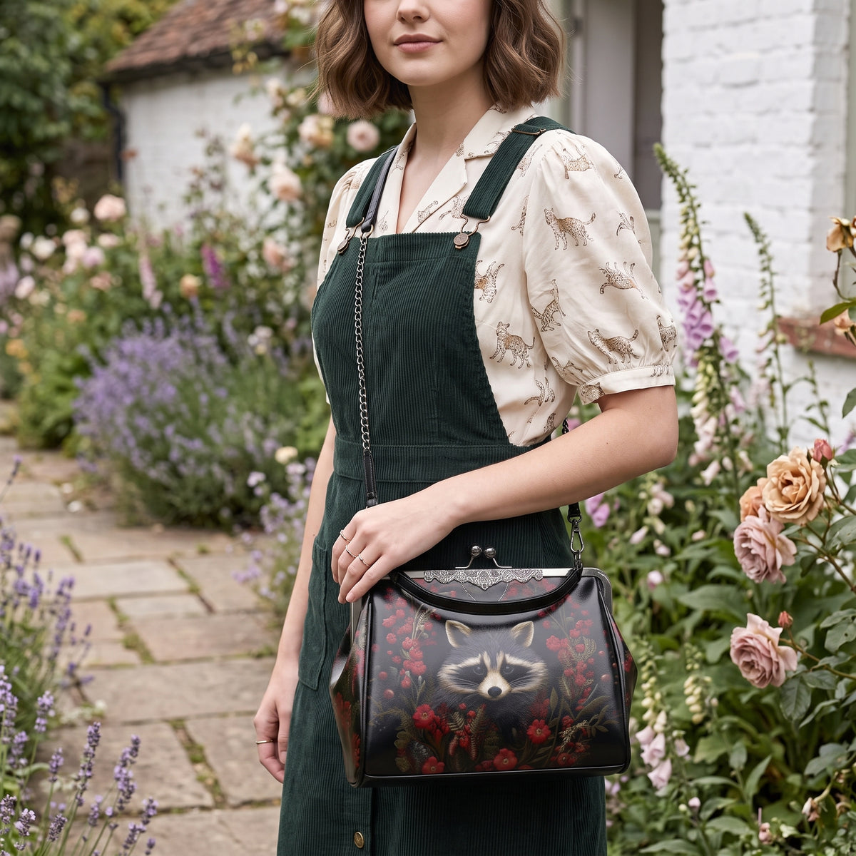 Raccoon and Flowers Kisslock Bag