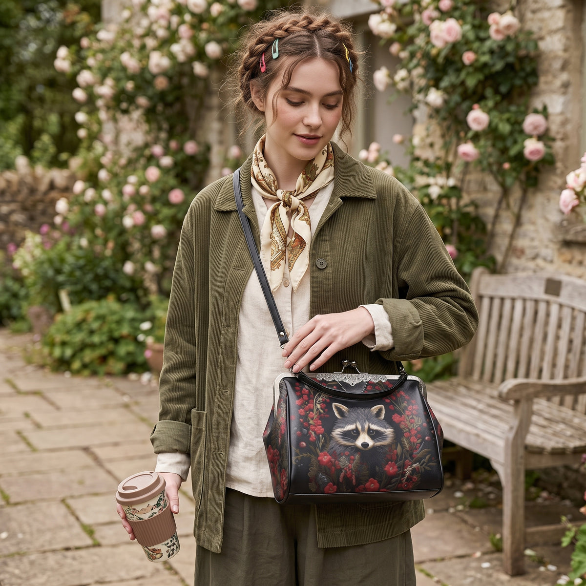 Raccoon and Flowers Kisslock Bag