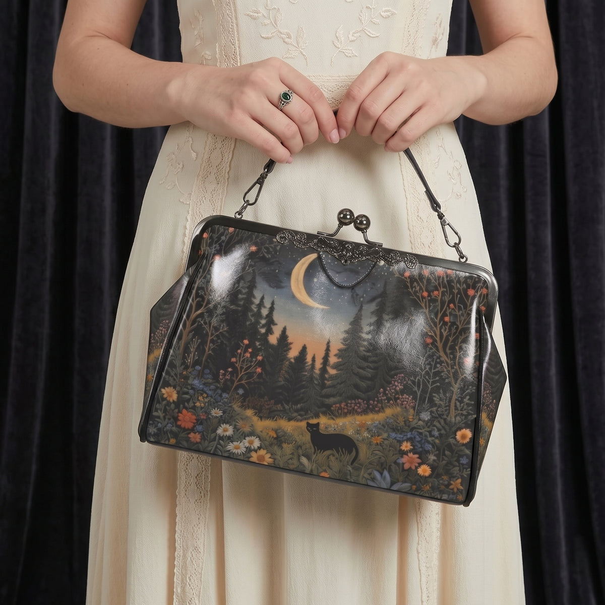 Magical Forest Black Cat Kisslock Purse