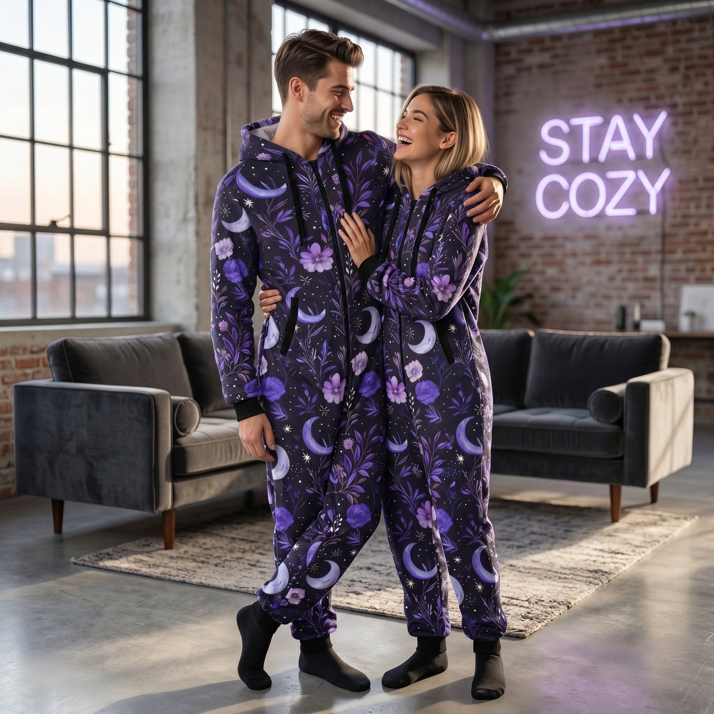 Witchy Purple Moons & Flowers Adult Onesie