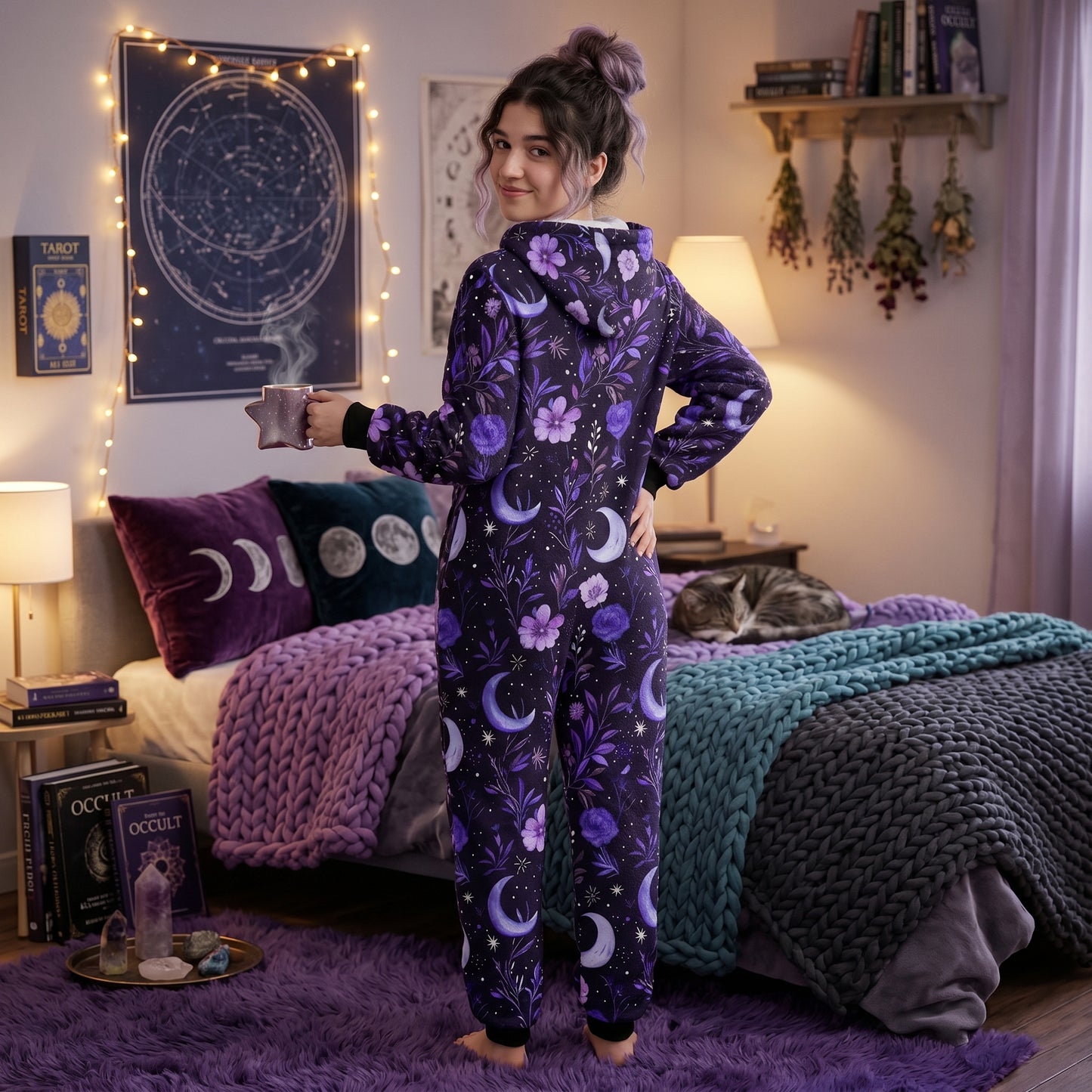 Witchy Purple Moons & Flowers Adult Onesie