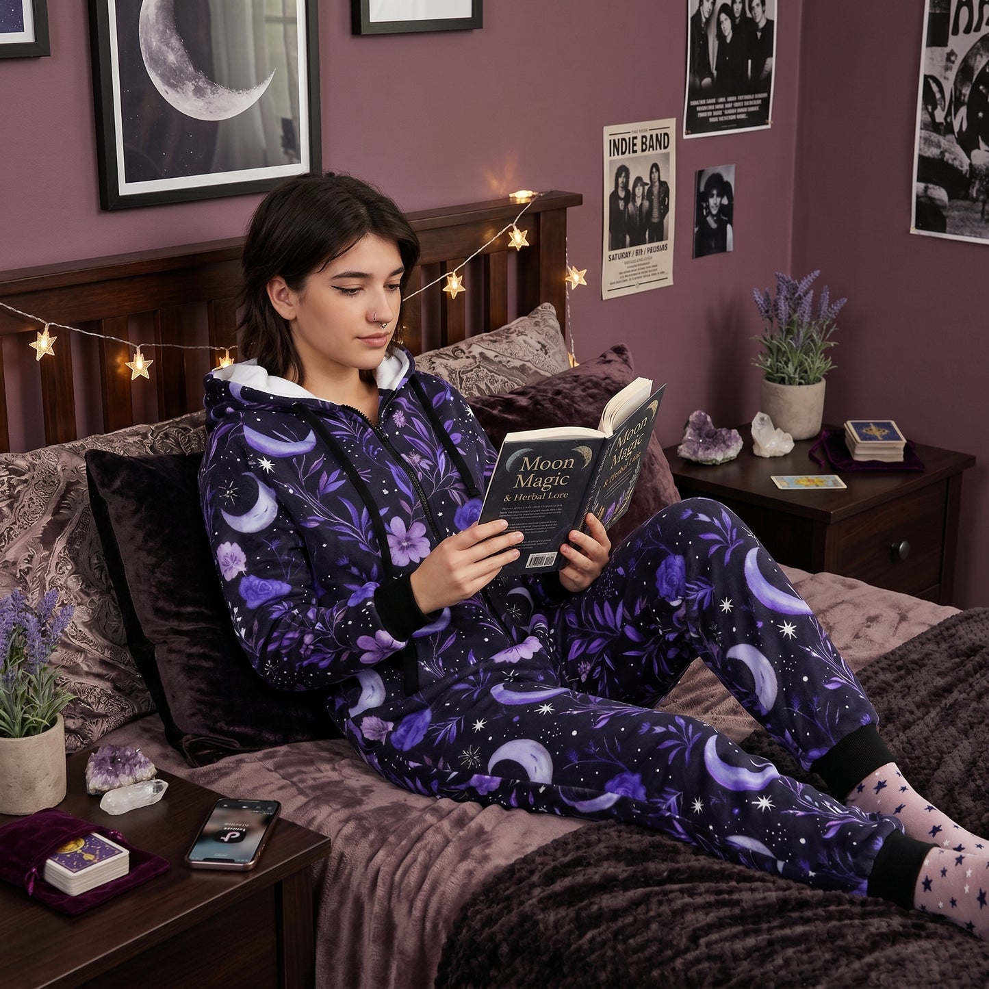Witchy Purple Moons & Flowers Adult Onesie