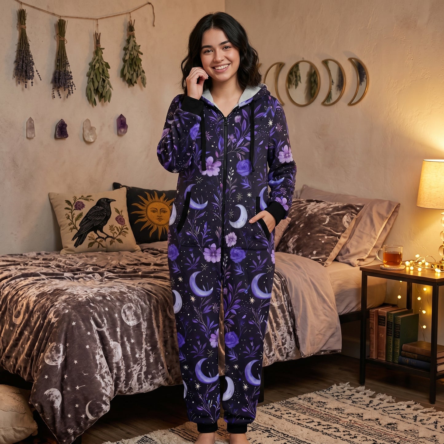 Witchy Purple Moons & Flowers Adult Onesie