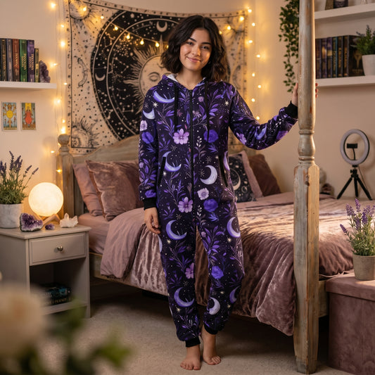 Witchy Purple Moons & Flowers Adult Onesie