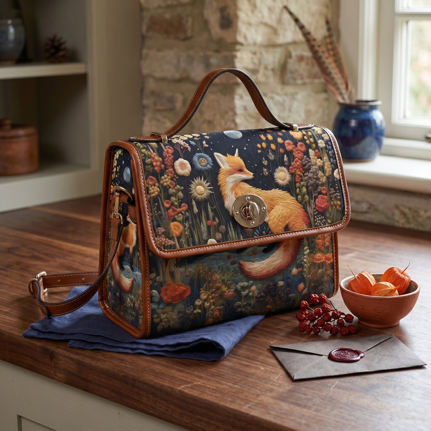 Faux-Embroidered Fox Floral Satchel & Wallet Set