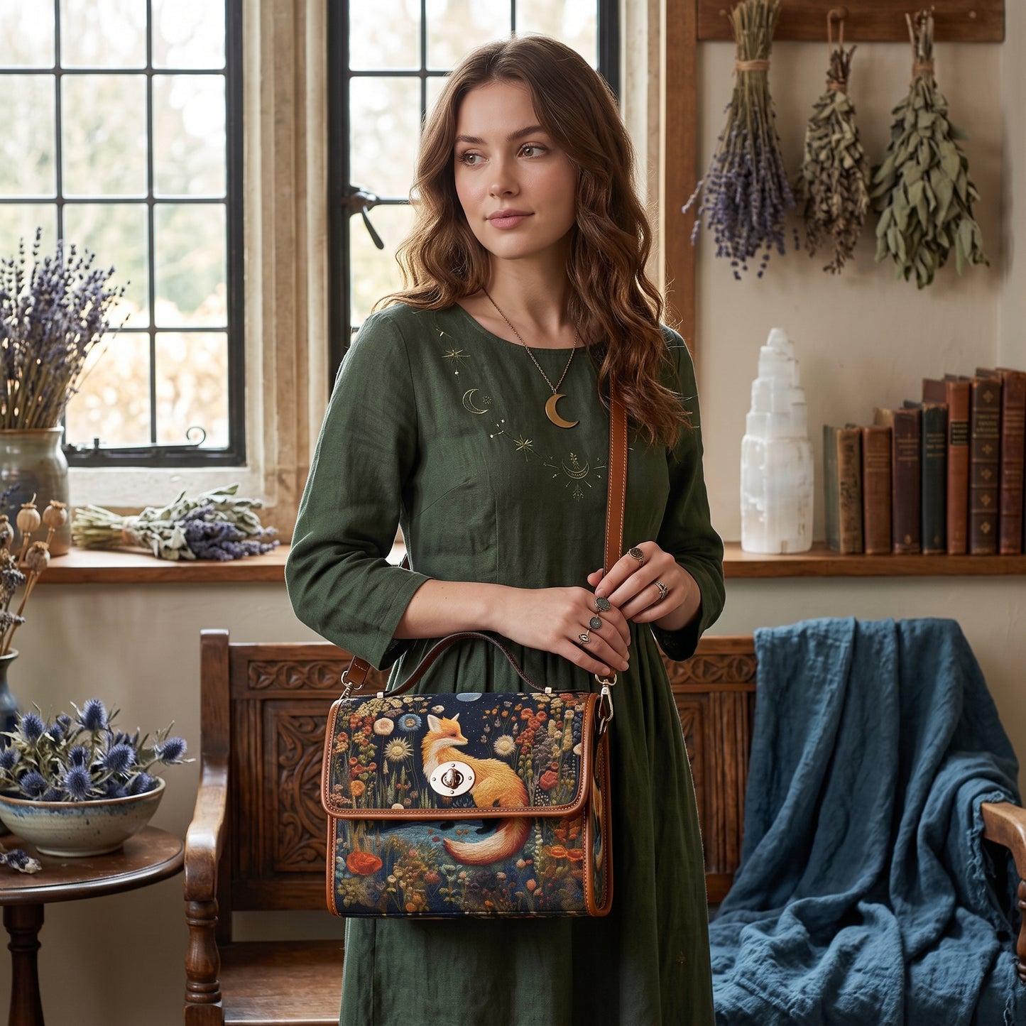 Faux-Embroidered Fox Floral Satchel & Wallet Set