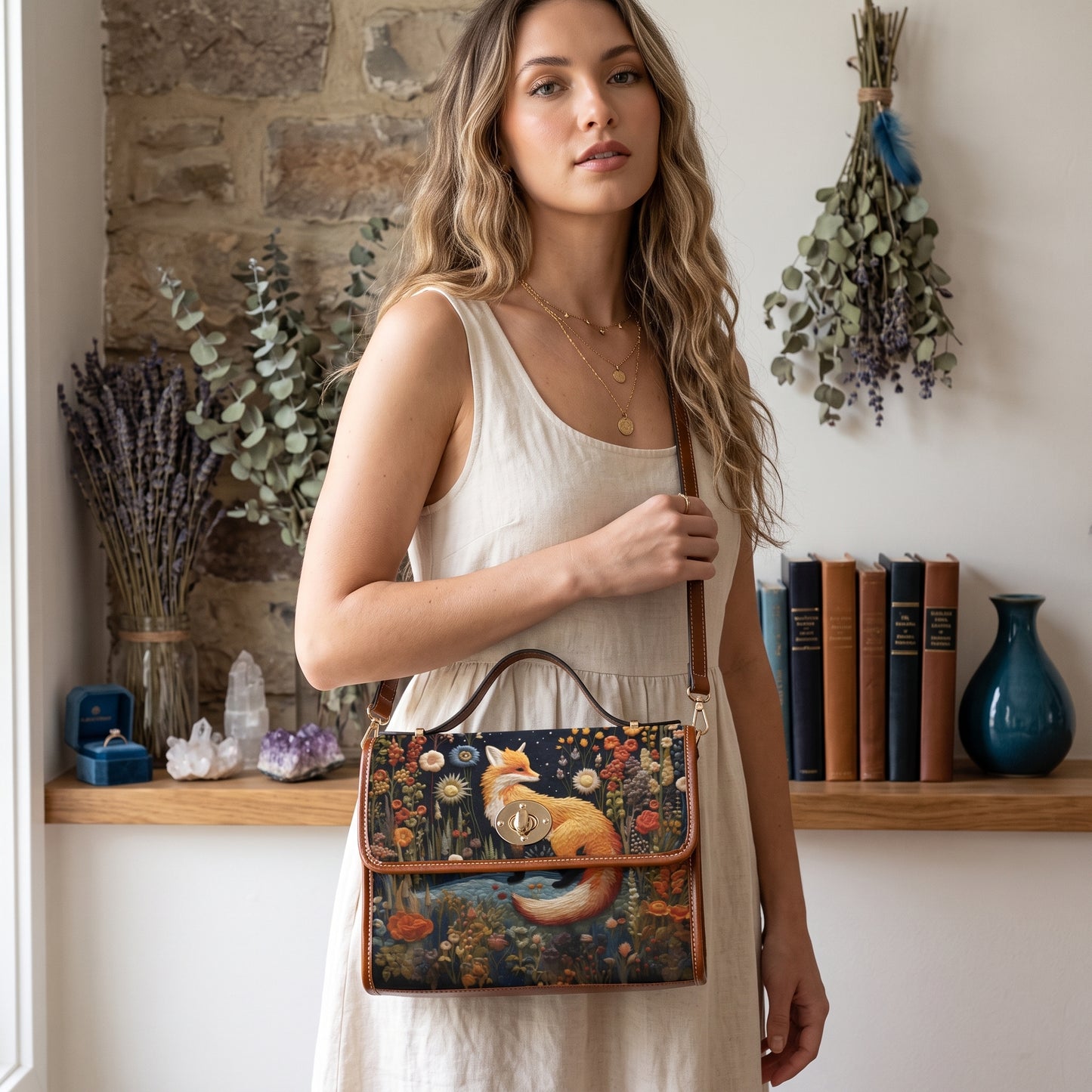 Faux-Embroidered Fox Floral Satchel & Wallet Set