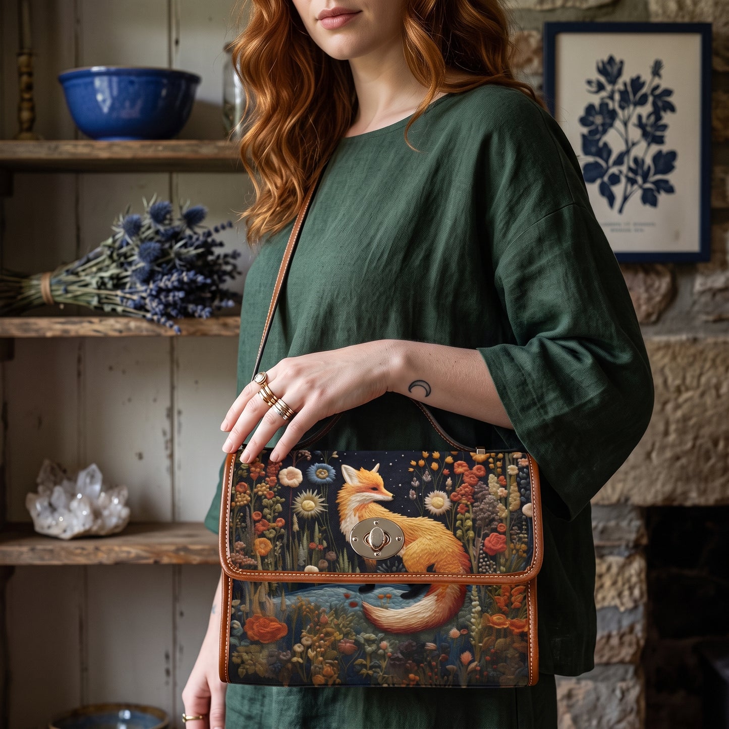 Faux-Embroidered Fox Floral Satchel & Wallet Set