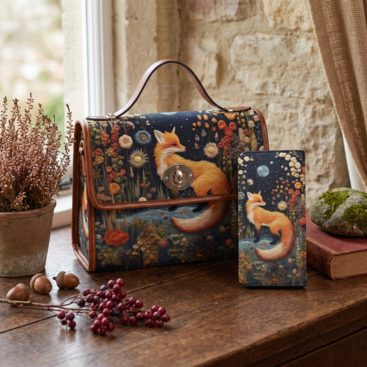 Faux-Embroidered Fox Floral Satchel & Wallet Set