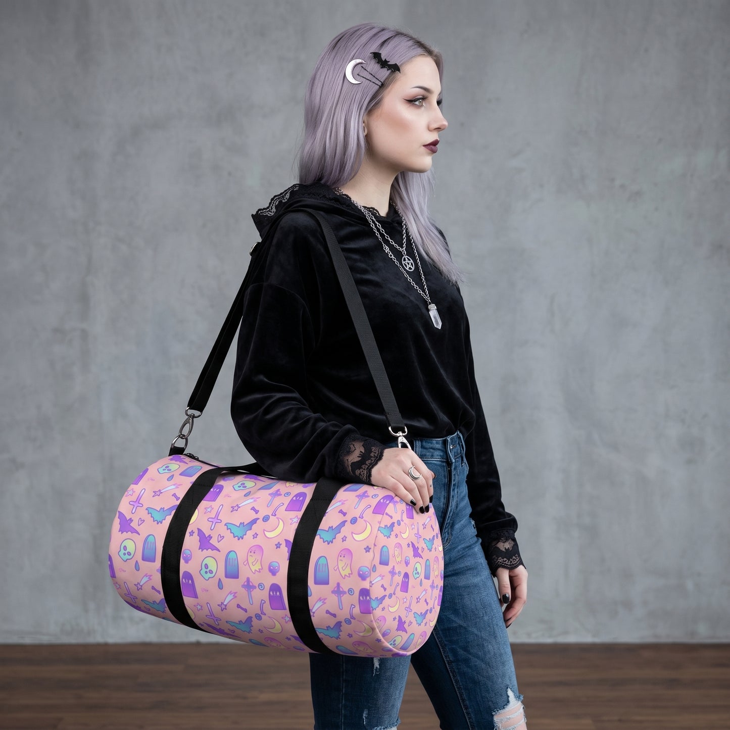 Pastel Goth Kawaii Spooky Cute Pink Duffel Bag