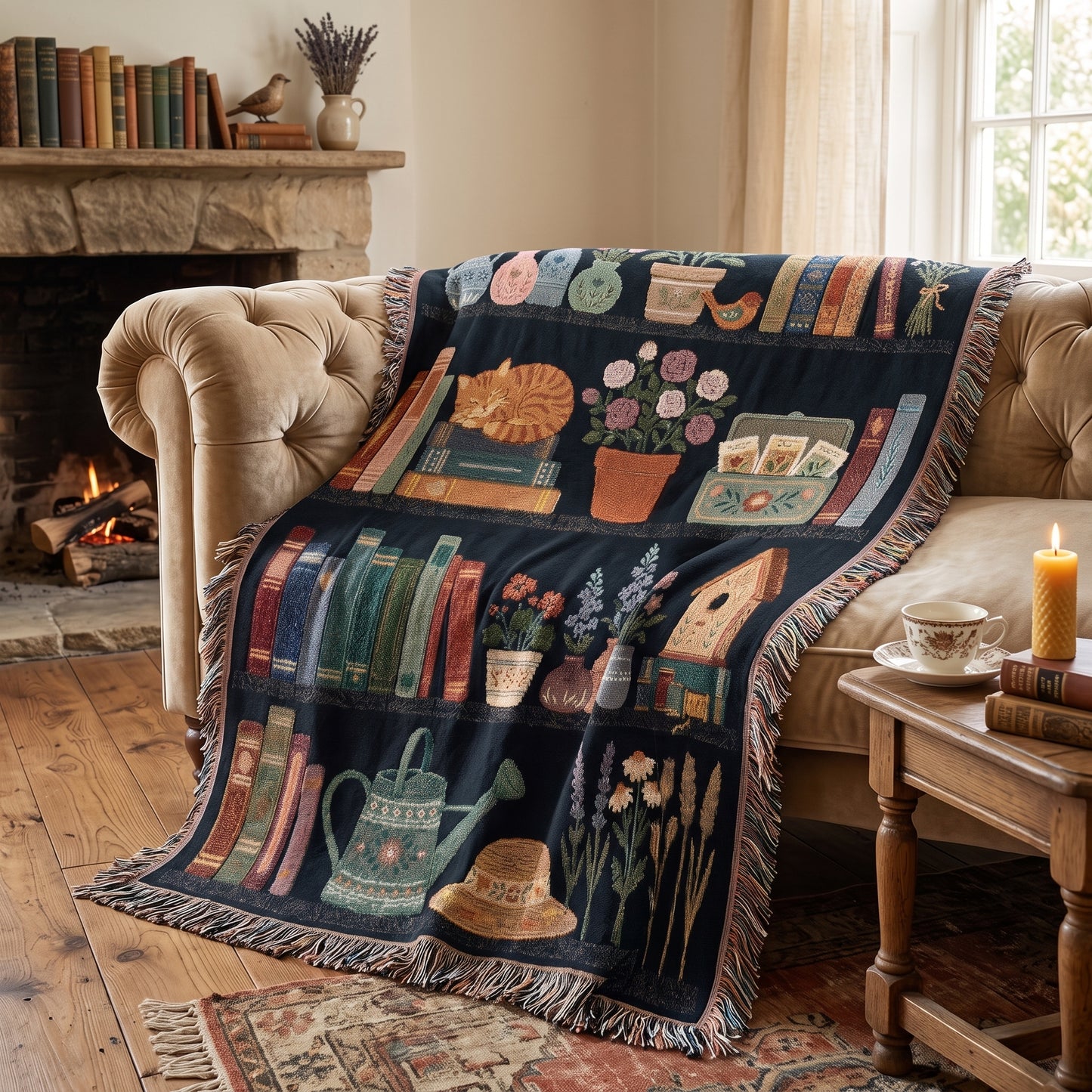 Cozy Bookshelf Cottage Heirloom Jacquard Woven Blanket