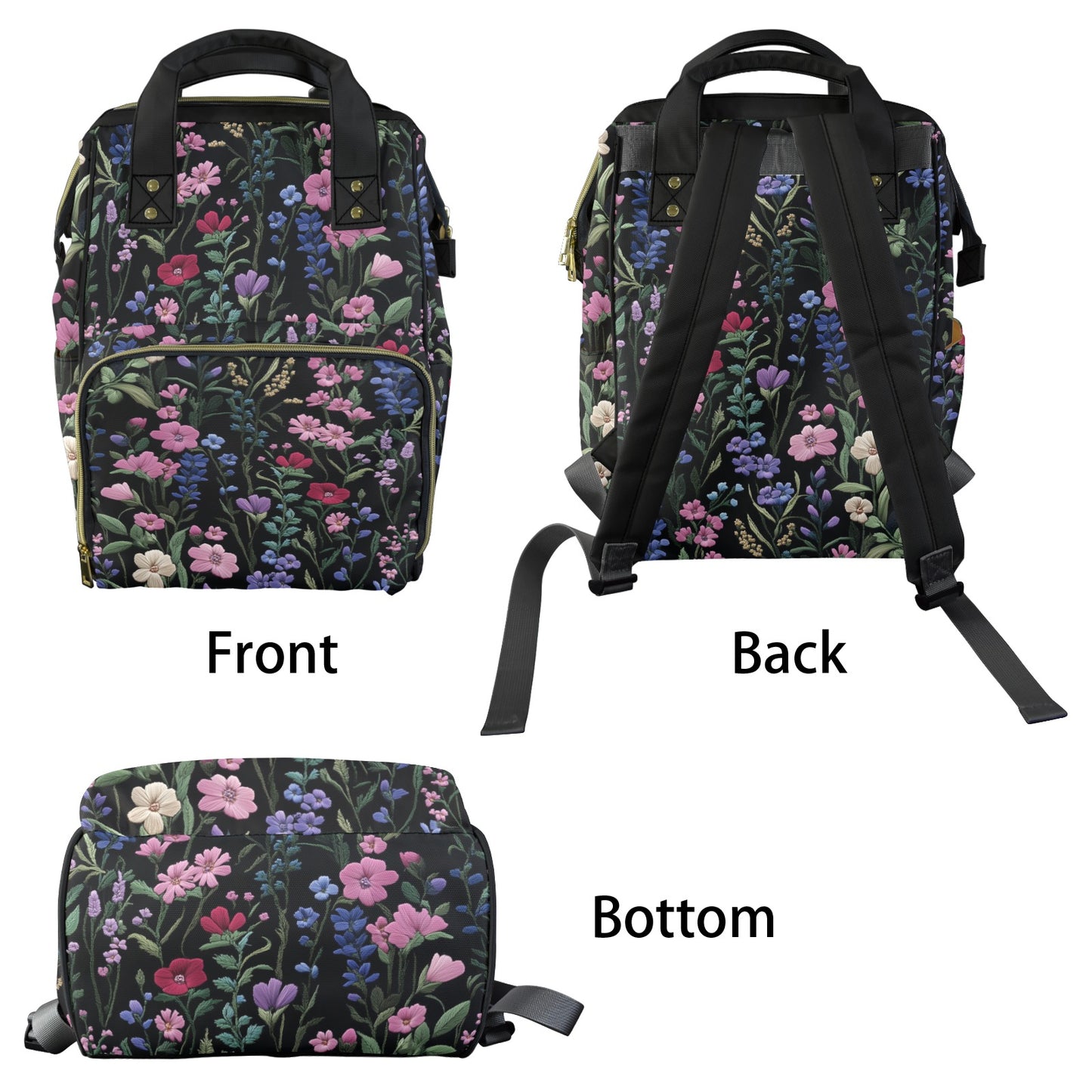 Dark Cottagecore Faux-Embroidery Garden Floral Multifunctional Diaper Backpack