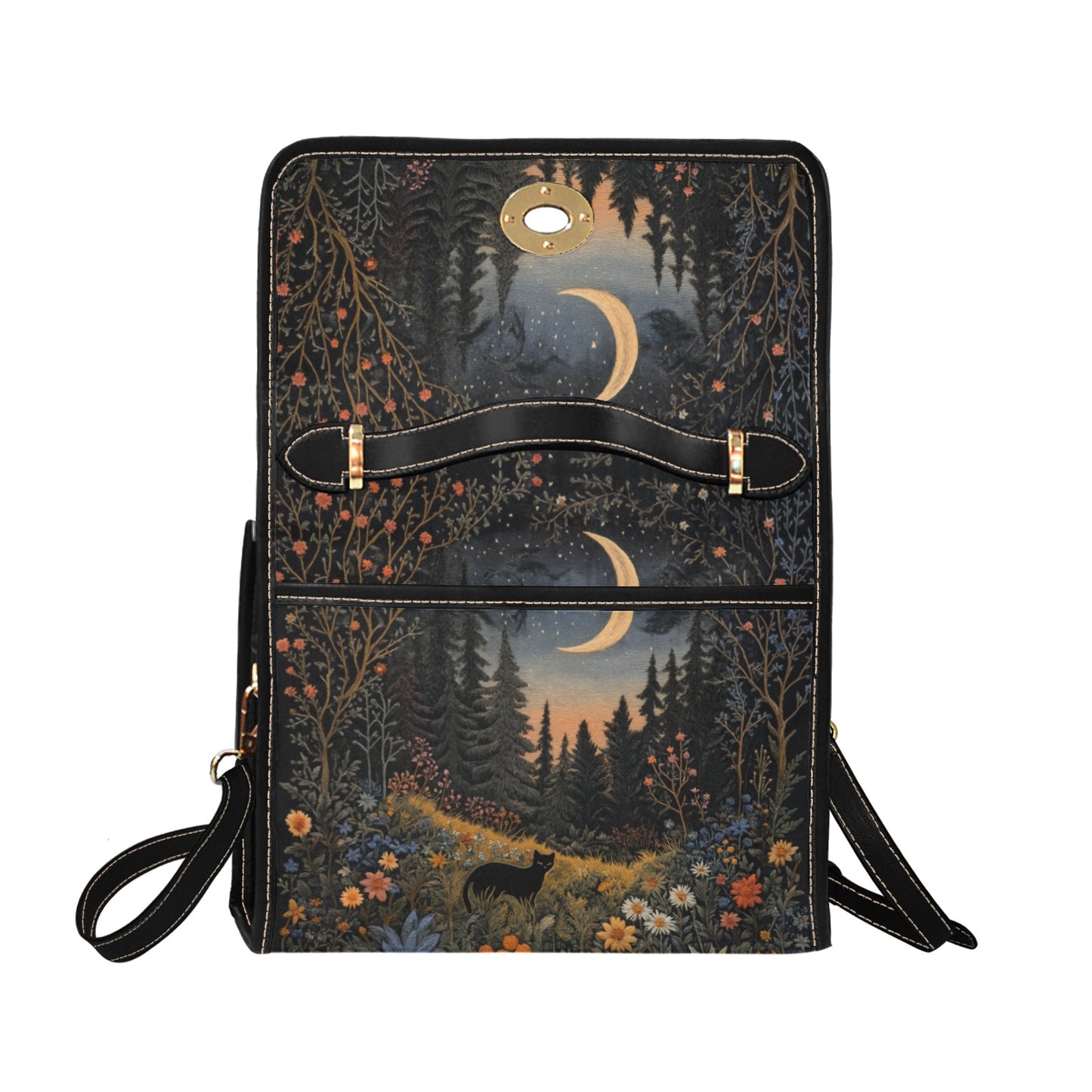 Faux-Embroidered Black Cat Flower Meadown Moon Handbag & Clutch Wallet Set