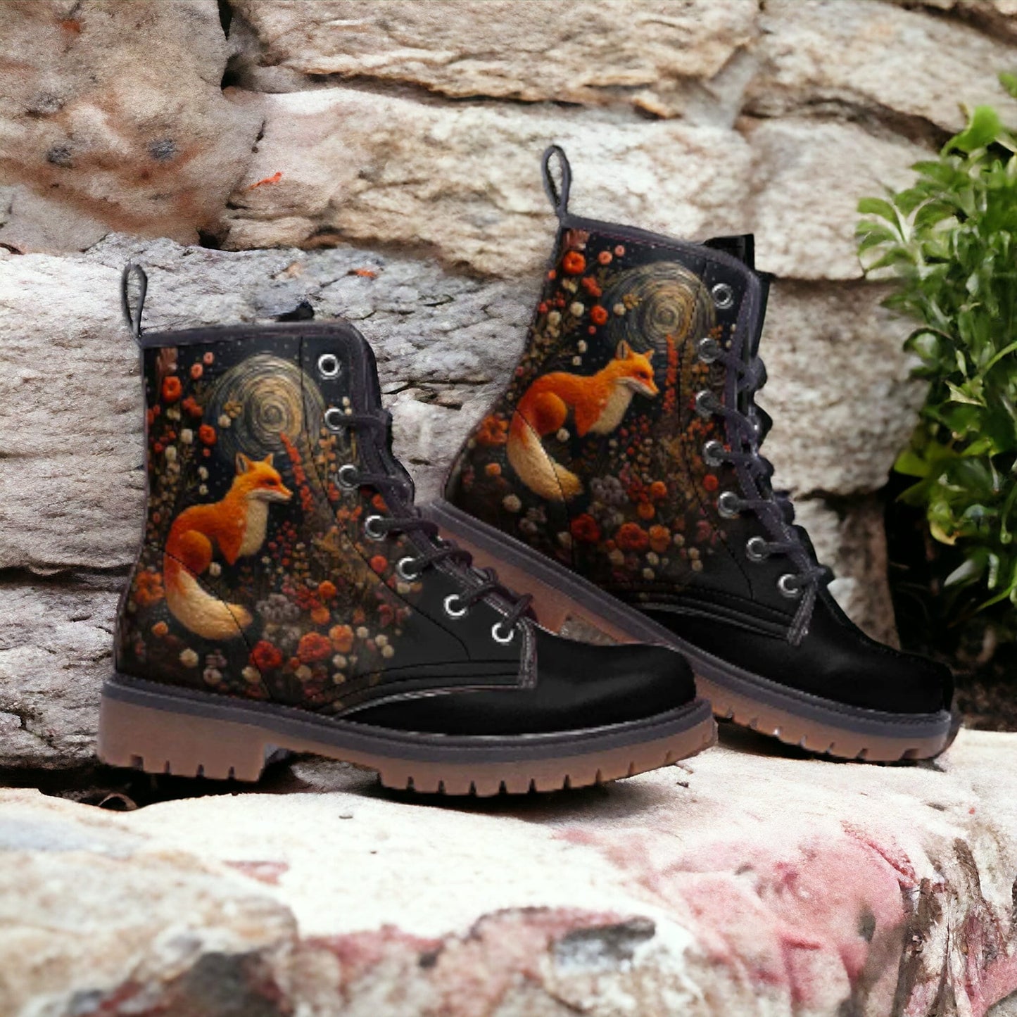 Faux-embroidery Fox & Moon Vegan Boots