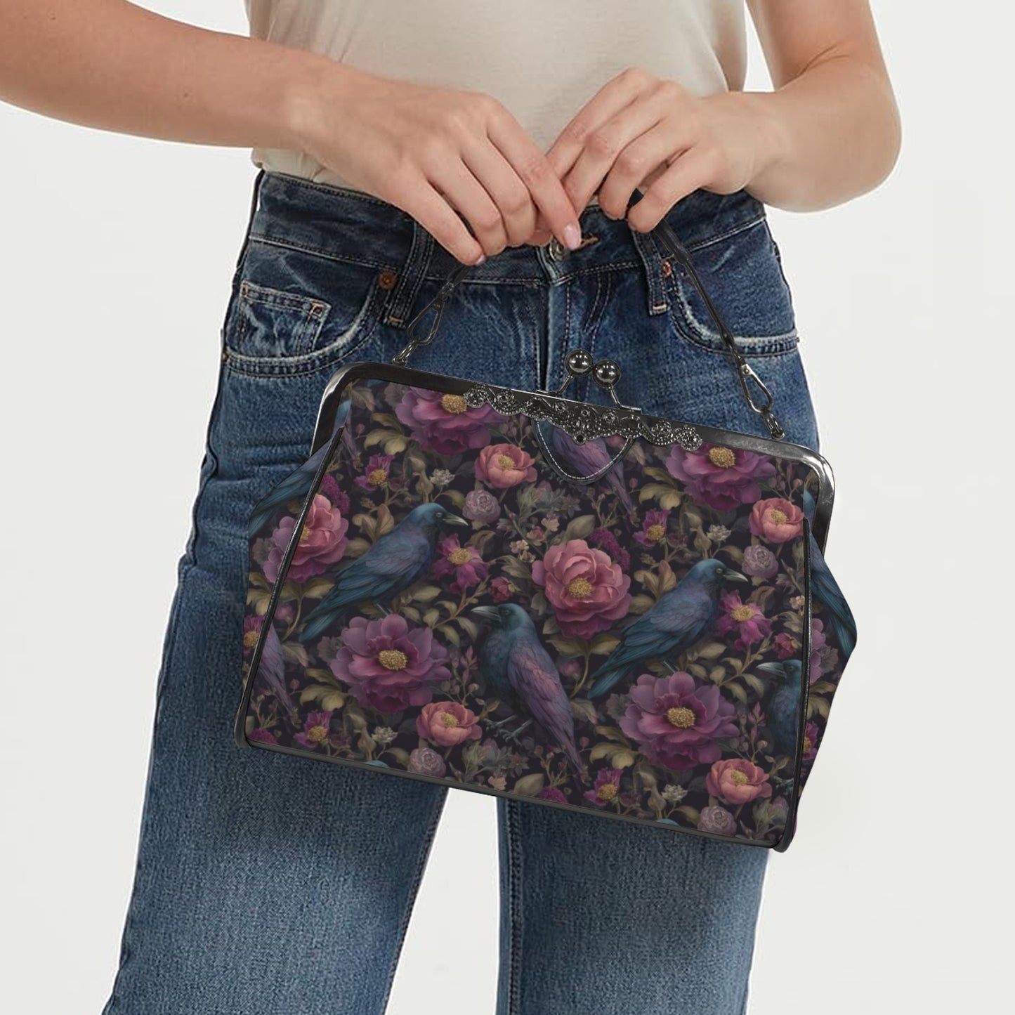 Ravens and Purple Flowers Kisslock Purse