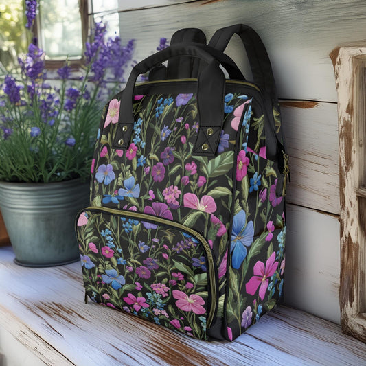 Dark Cottagecore Faux-Embroidery Garden Floral Multifunctional Diaper Backpack