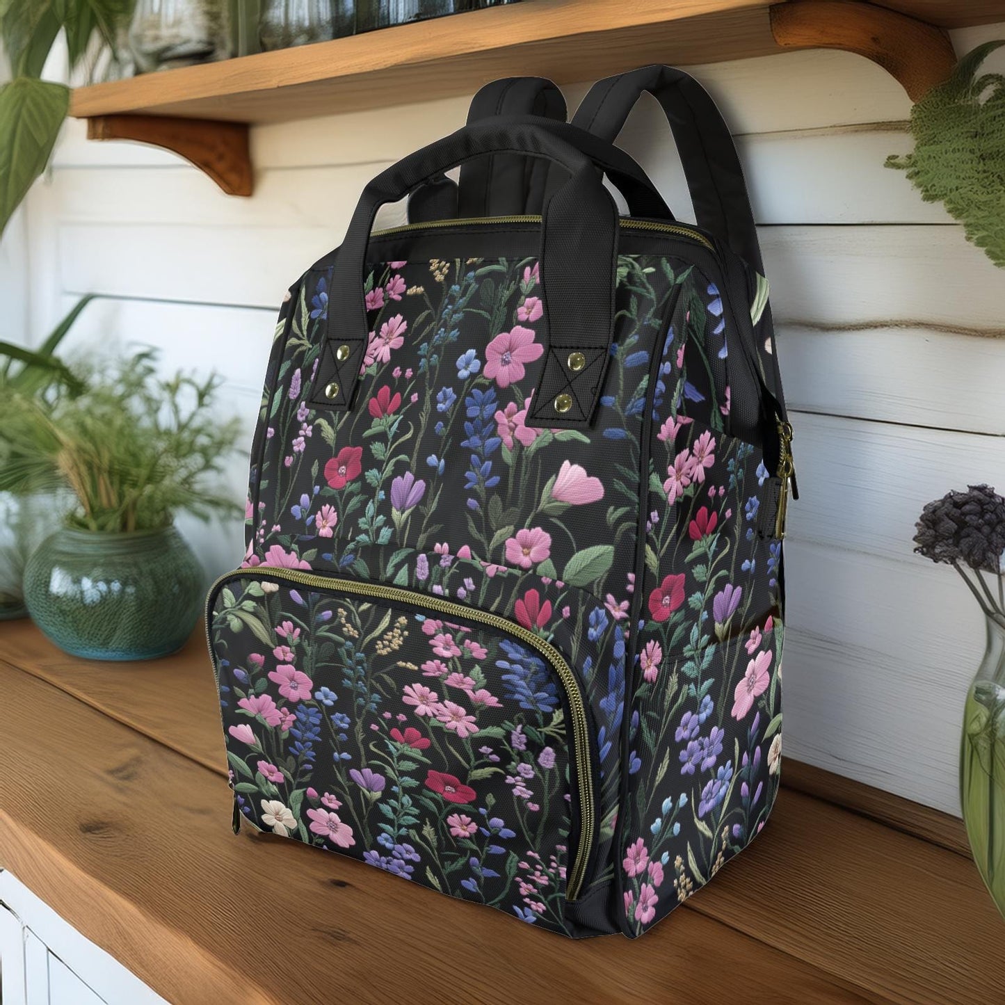 Dark Cottagecore Faux-Embroidery Garden Floral Multifunctional Diaper Backpack