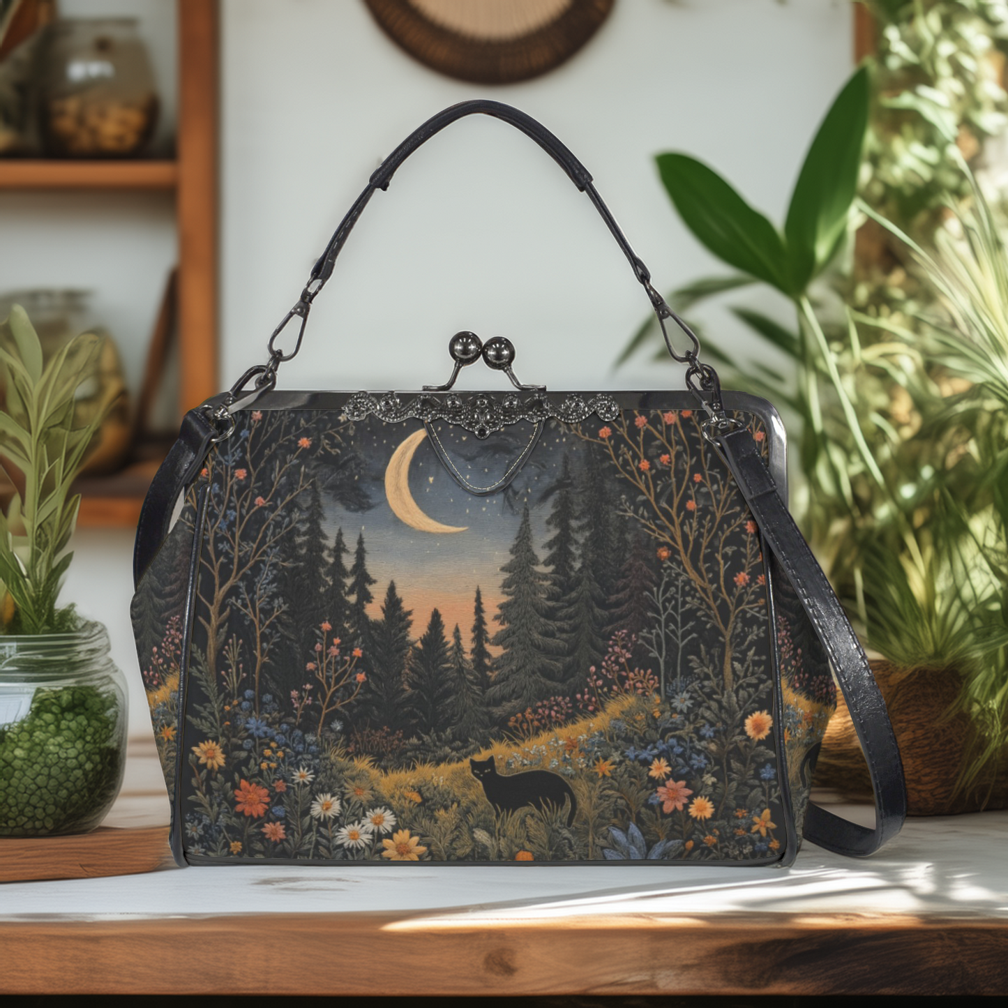 Magical Forest Black Cat Kisslock Purse
