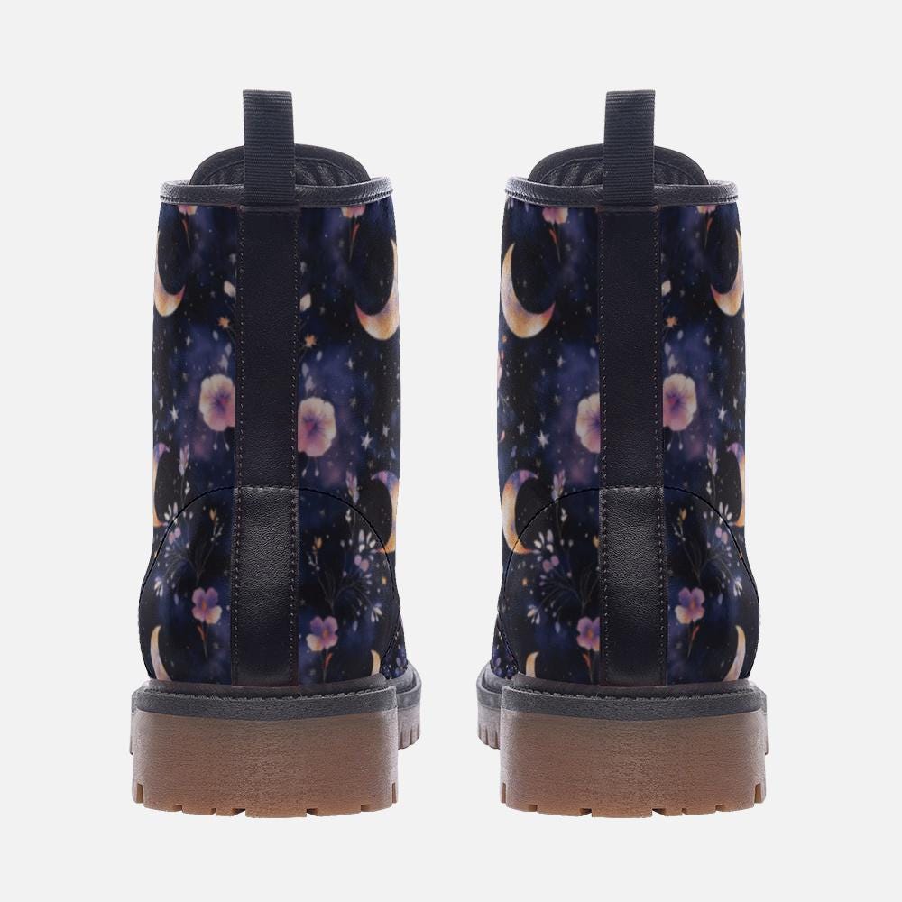 Watercolor Moons & Flowers Witchy Vegan Combat Boots