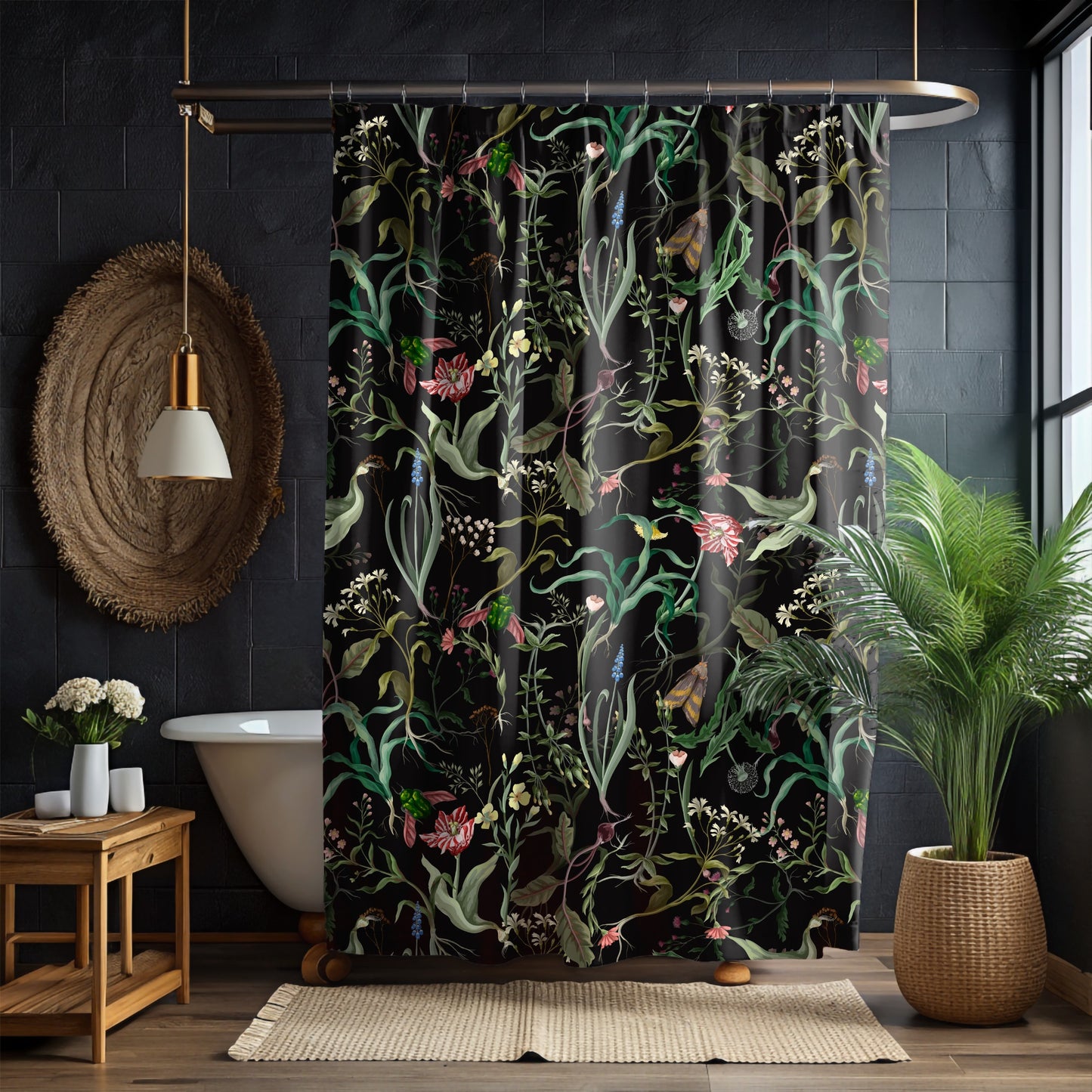Dark Moody Floral Shower Curtain & Bath Mat