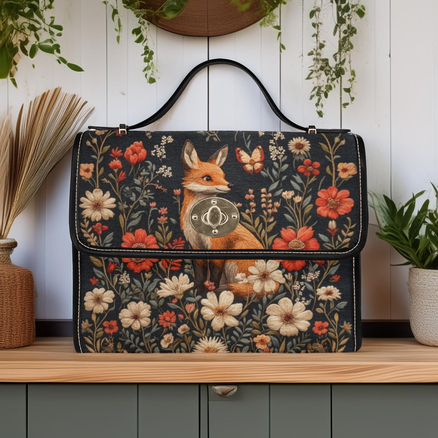Whimsicore Happy Fox and Flowers Cottagecore Satchel Bag
