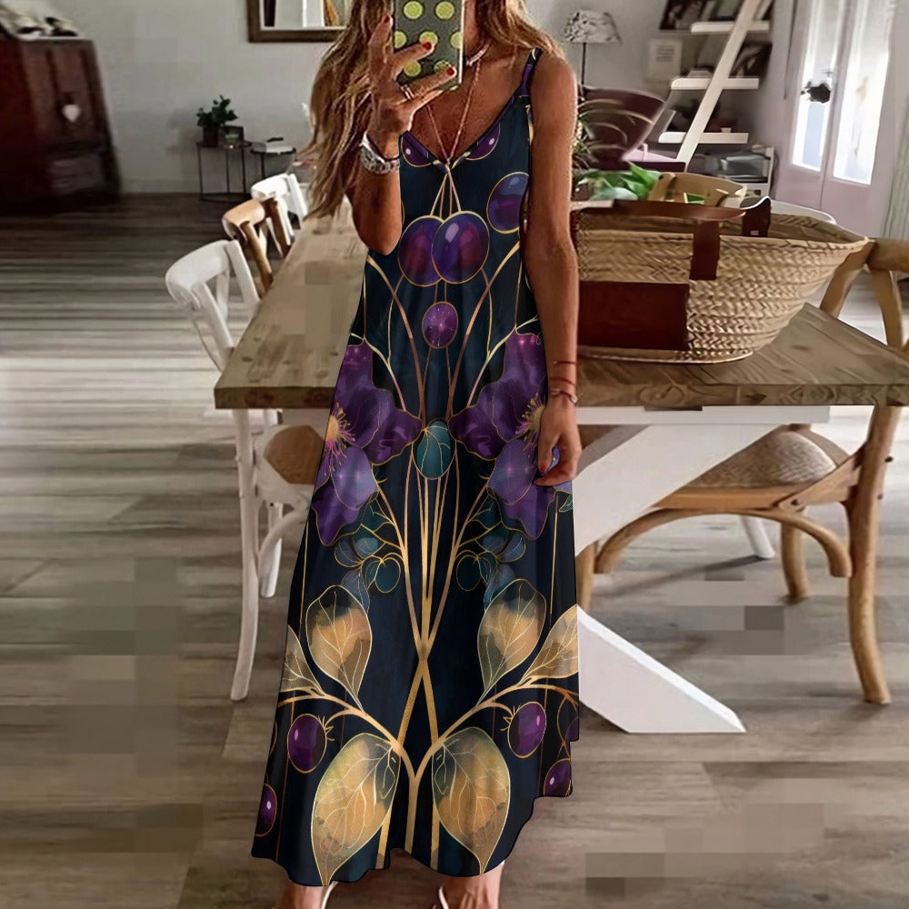Dark Purple Art Nouveau Floral Maxi Dress