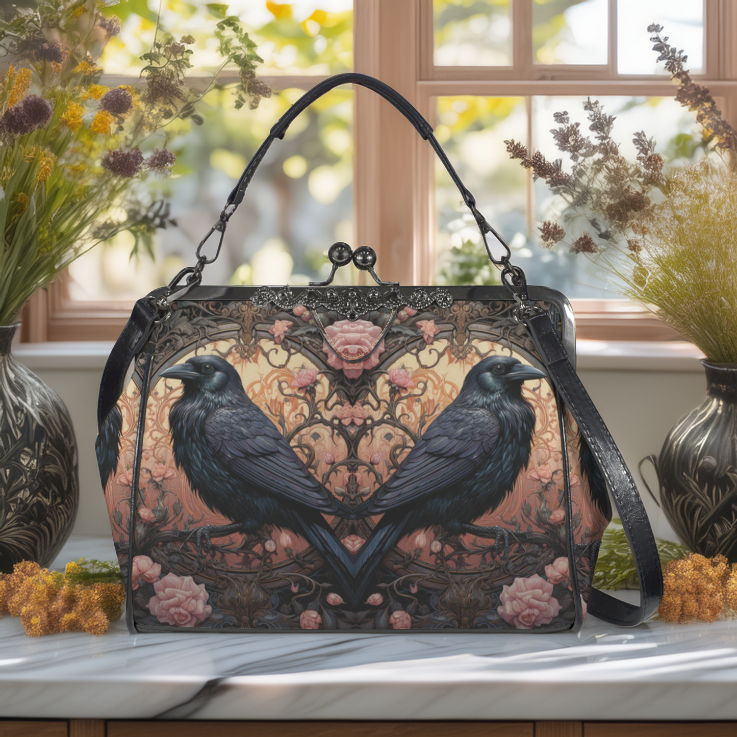 Gothic Ravens & Roses Kisslock Handbag