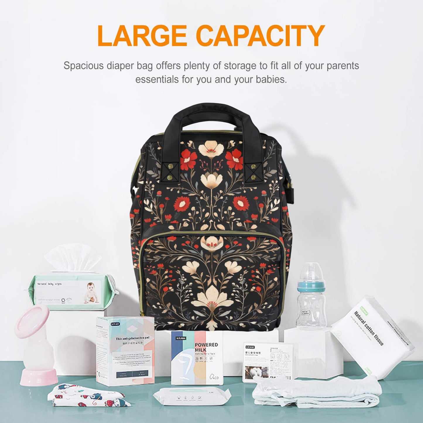 Dark Cottagecore Boho Folk Art Flowers Multifunctional Diaper Backpack