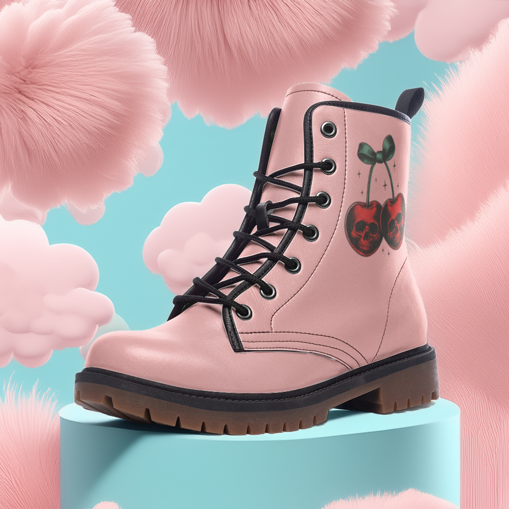 Pastel Pink Cherry Skull Boots