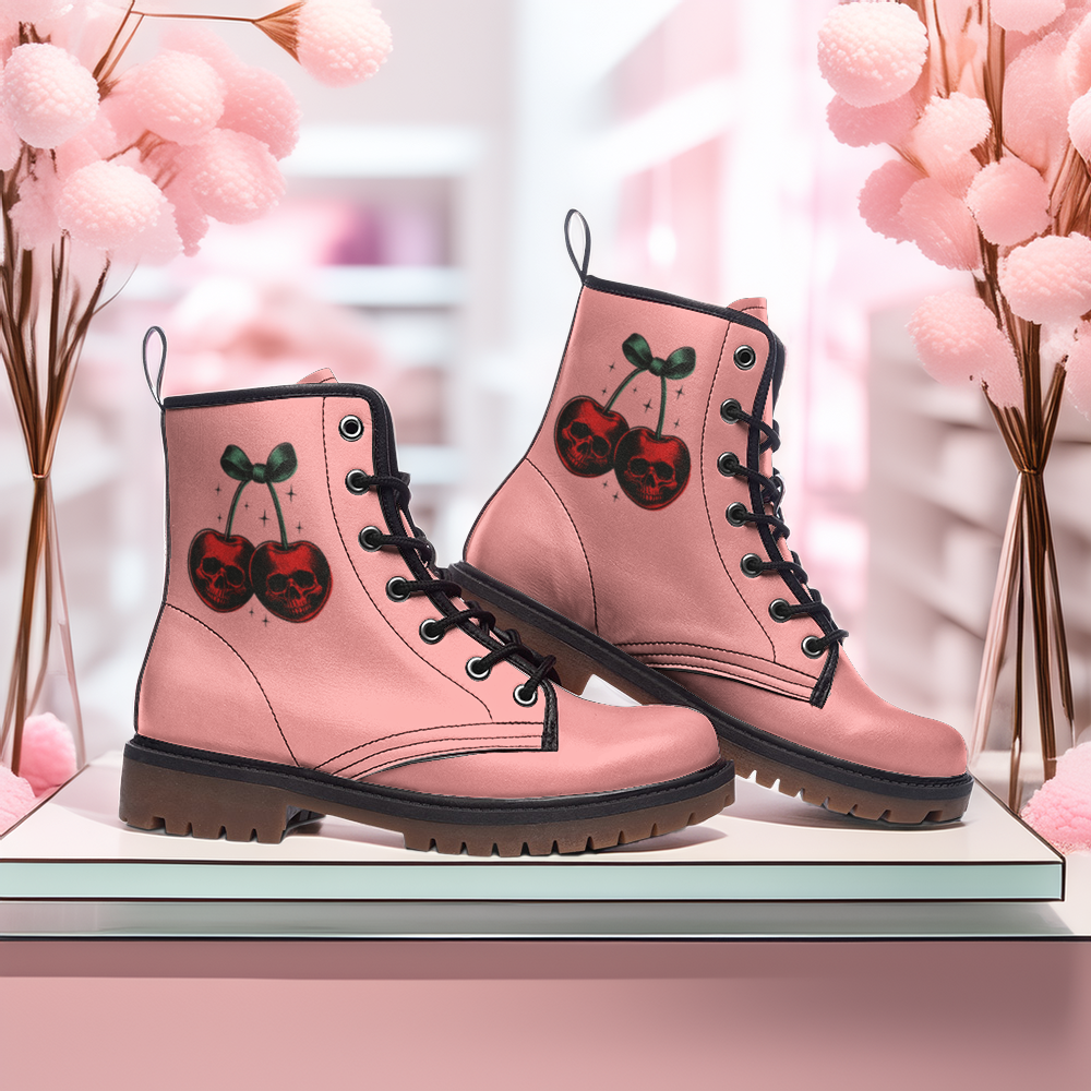 Pastel Pink Cherry Skull Boots
