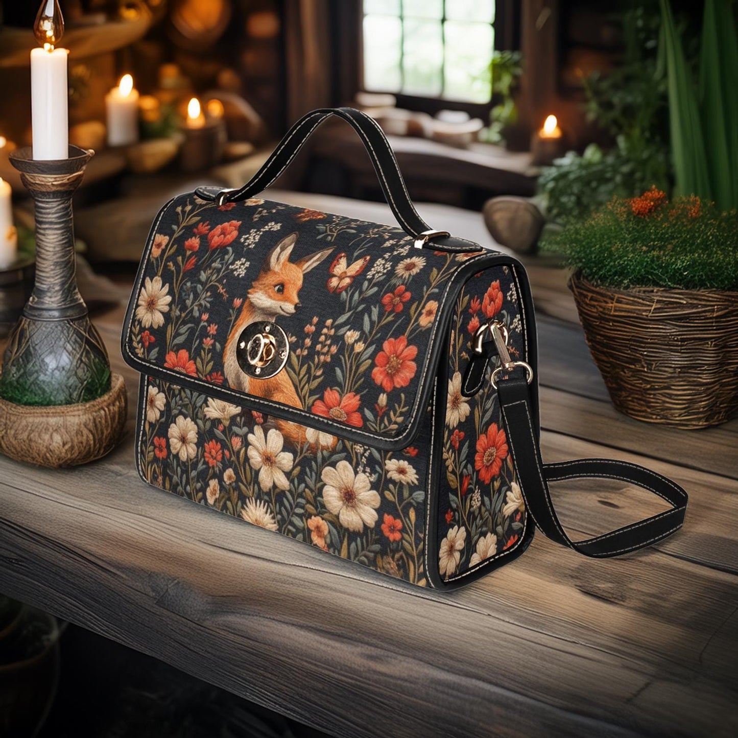 Whimsicore Happy Fox and Flowers Cottagecore Satchel Bag
