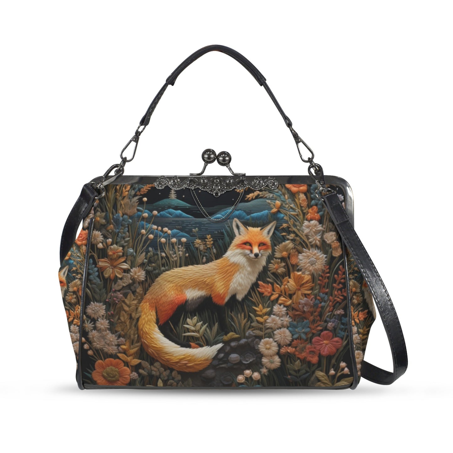 Dark Faux-embroidered Fox Kisslock Handbag