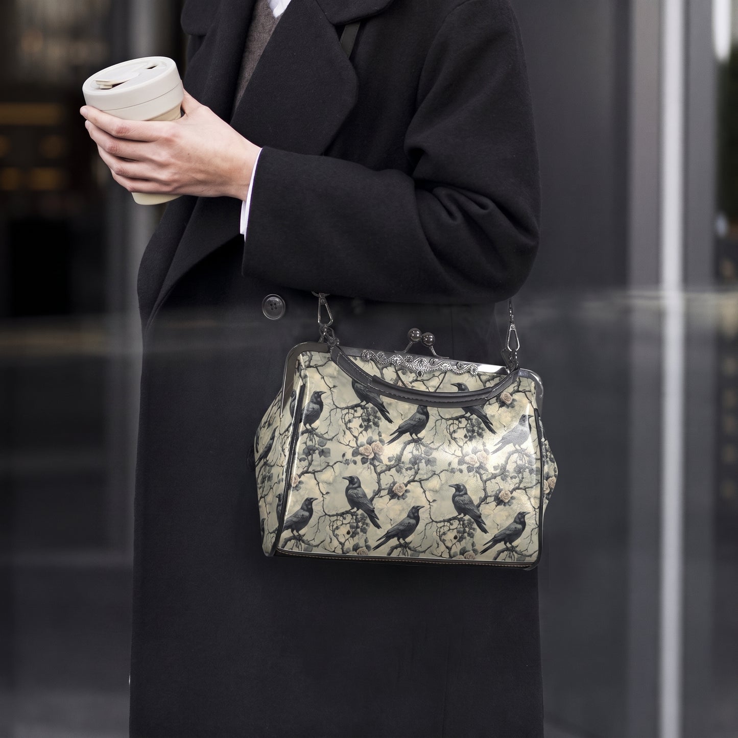 Gothic Grey Ravens Kisslock Handbag
