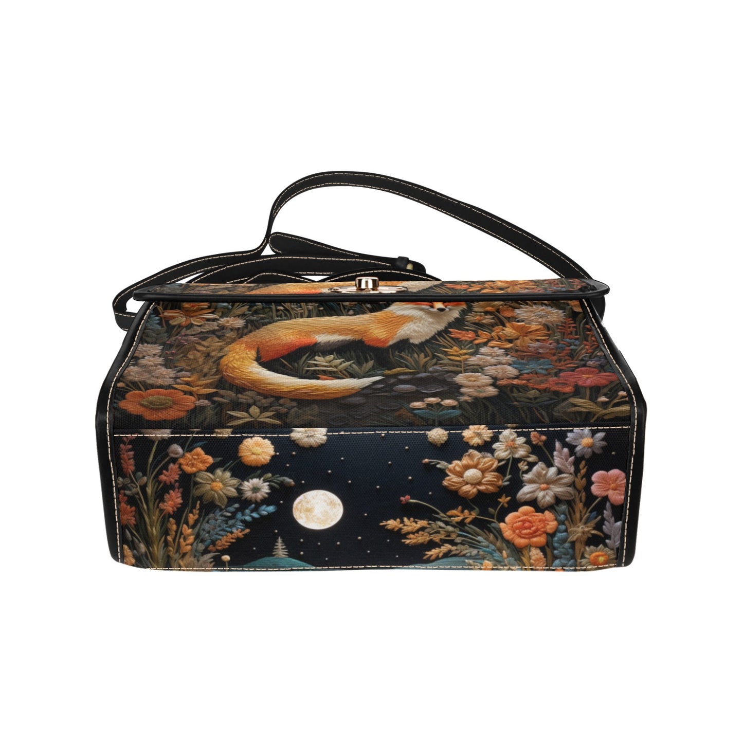 Faux-Embroidered Dark Fox and Floral Satchel