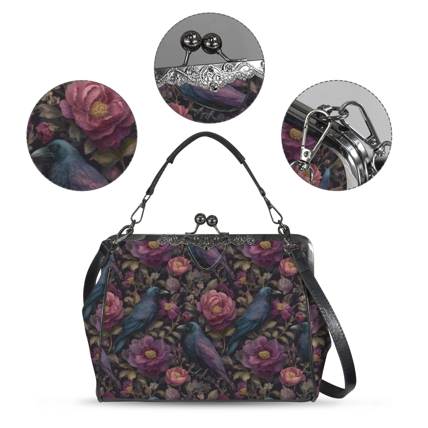 Ravens and Purple Flowers Kisslock Purse