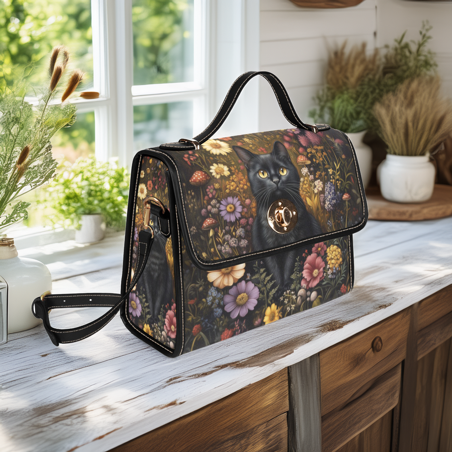Black Cat in the Flower Garden Vegan Satchel Purse