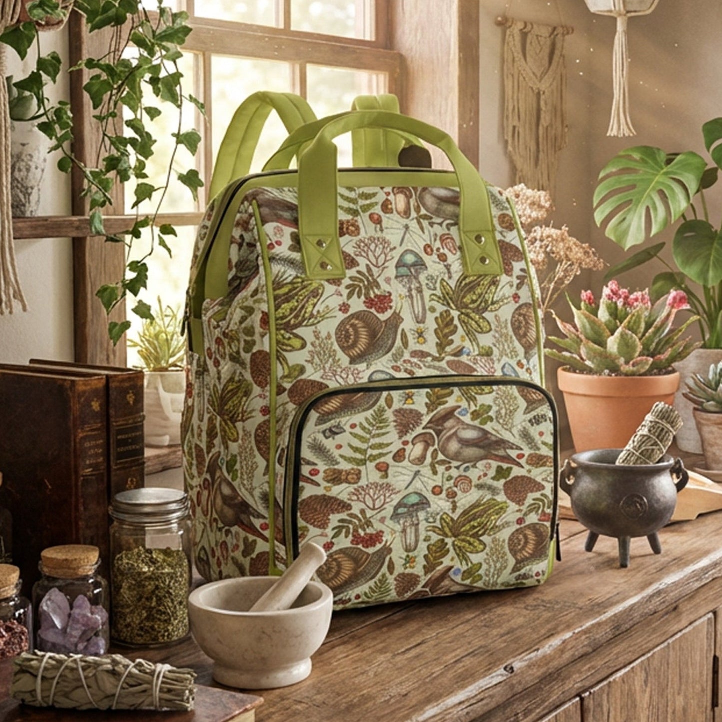 Backpack with nature-themed design on a wooden surface surrounded by plants and jars.