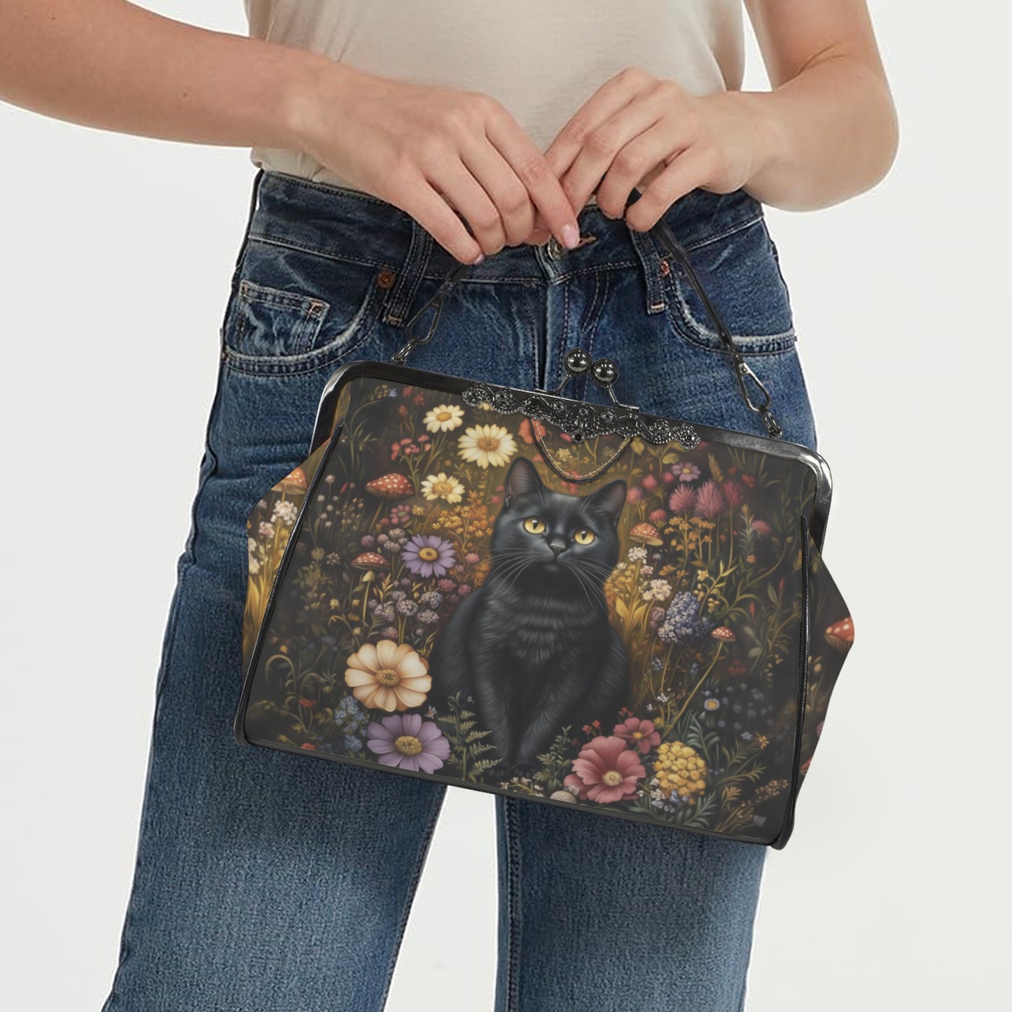 Black Cat & Flower Garden Kisslock Handbag