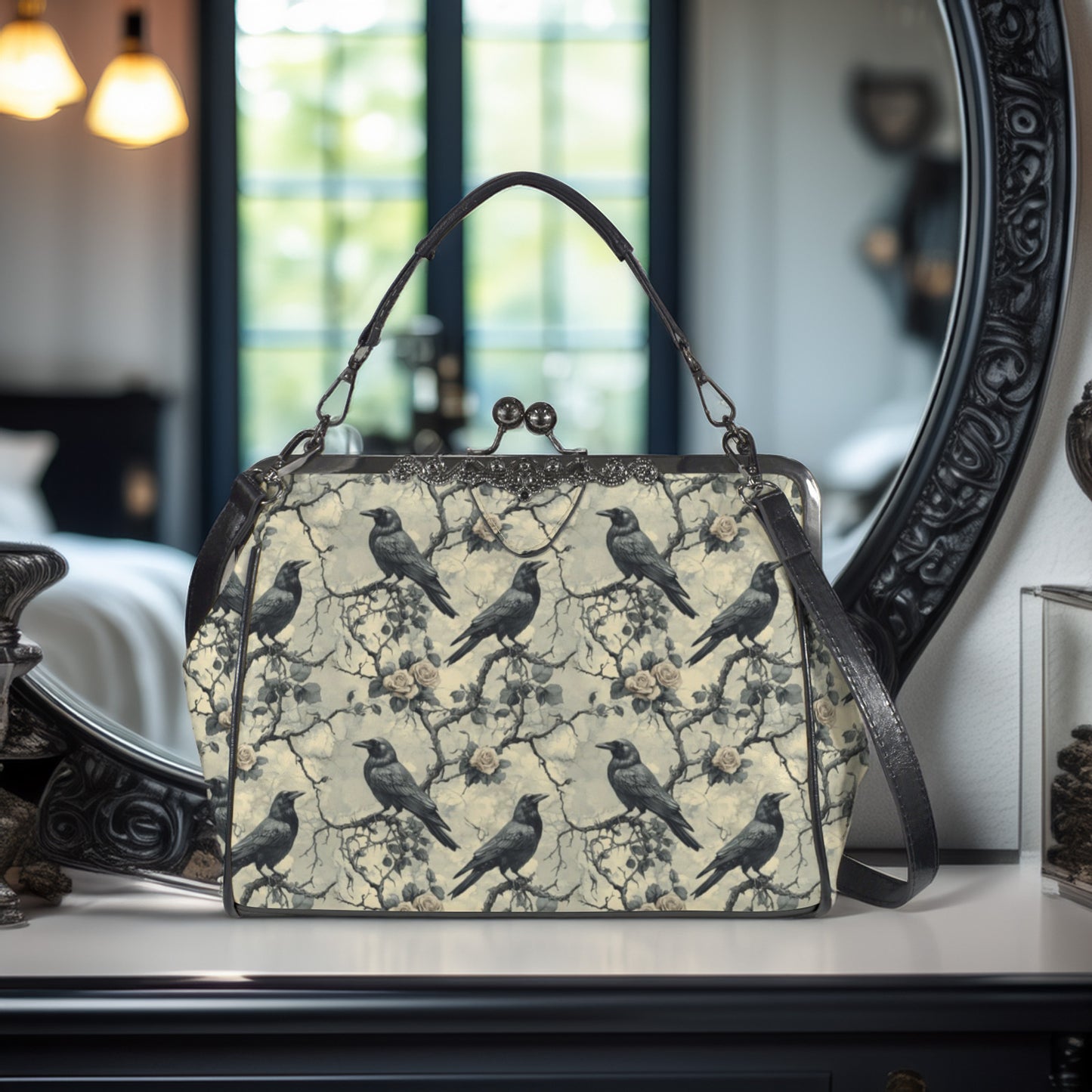 Gothic Grey Ravens Kisslock Handbag