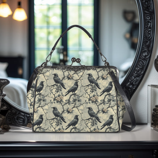 Gothic Grey Ravens Kisslock Handbag